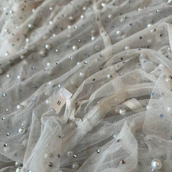 Sheer Mesh Pearl Shiny Rhinestone Dress Sleeveless Cover Up - Picture 7 of 8